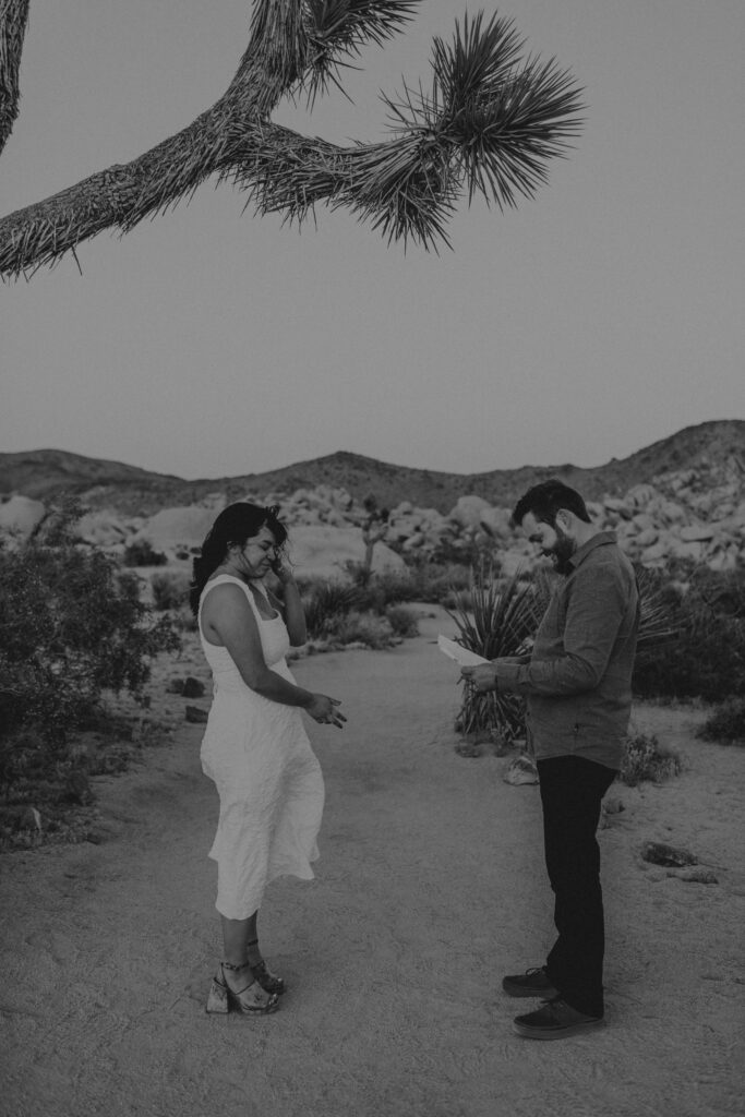 “Couple exchanging vows at sunset in Joshua Tree National Park”
“Intimate desert vow reading at golden hour”